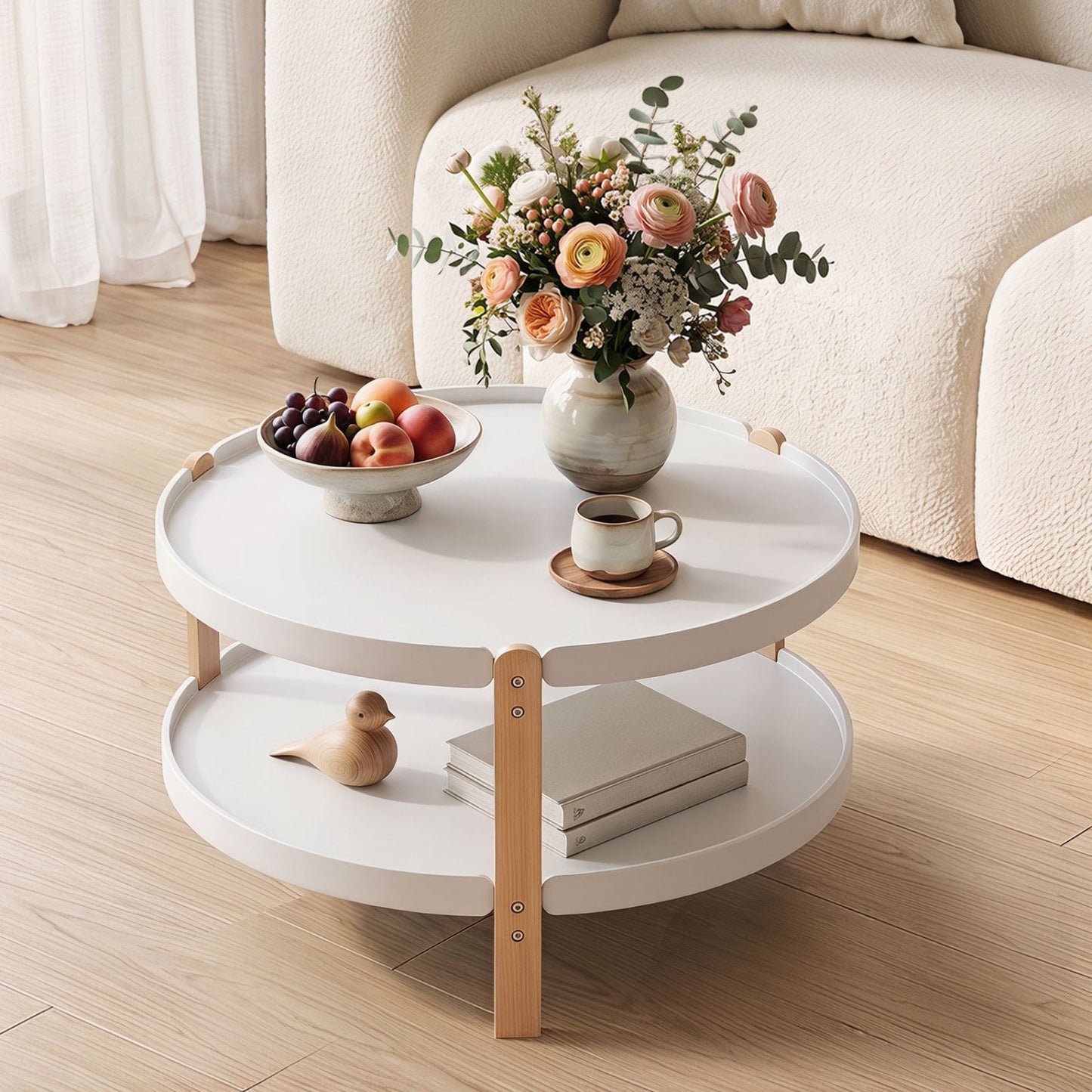 2-Tier Round Coffee Table, Solid Wood Legs, Open Shelf, White