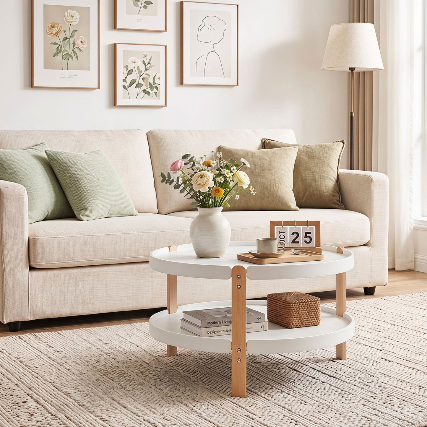 2-Tier Round Coffee Table, Solid Wood Legs, Open Shelf, White