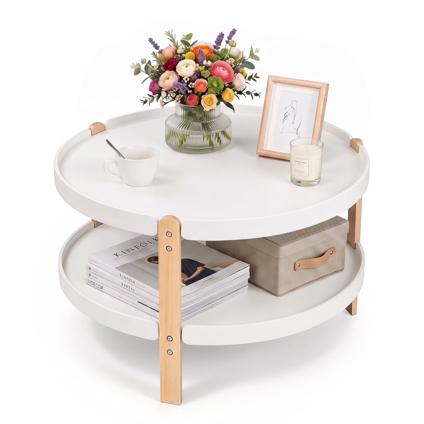 2-Tier Round Coffee Table, Solid Wood Legs, Open Shelf, White