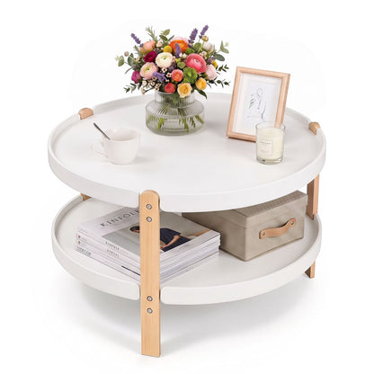 2-Tier Round Coffee Table, Solid Wood Legs, Open Shelf, White