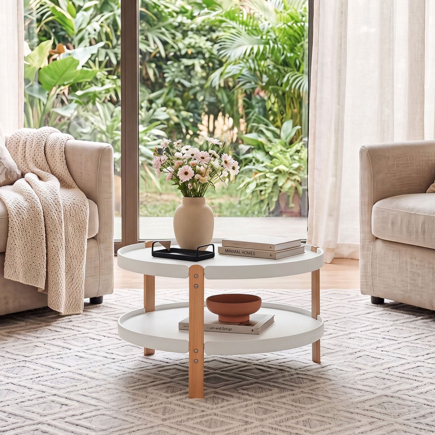 2-Tier Round Coffee Table, Solid Wood Legs, Open Shelf, White