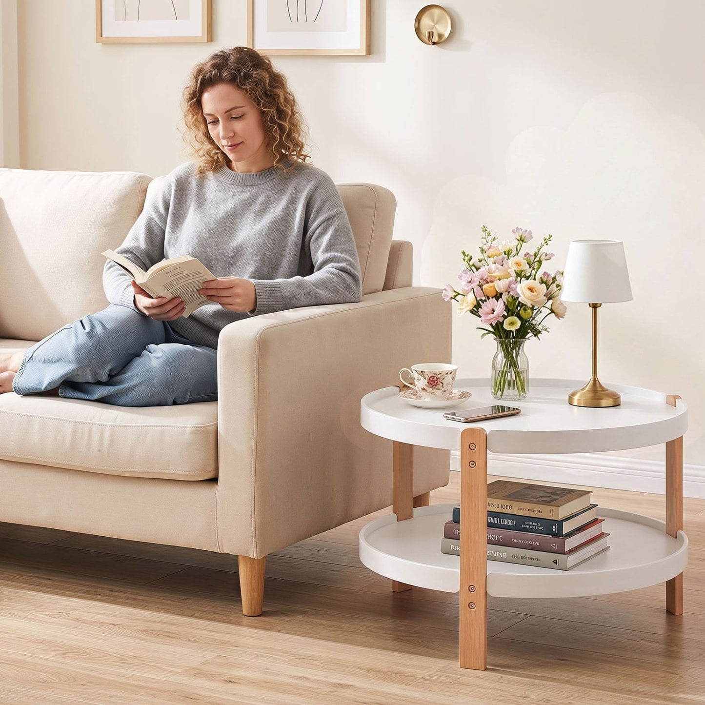 2-Tier Round Coffee Table, Solid Wood Legs, Open Shelf, White