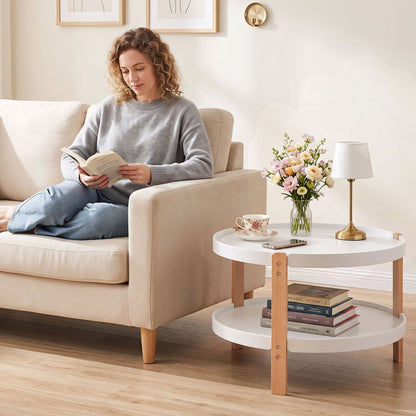 2-Tier Round Coffee Table, Solid Wood Legs, Open Shelf, White