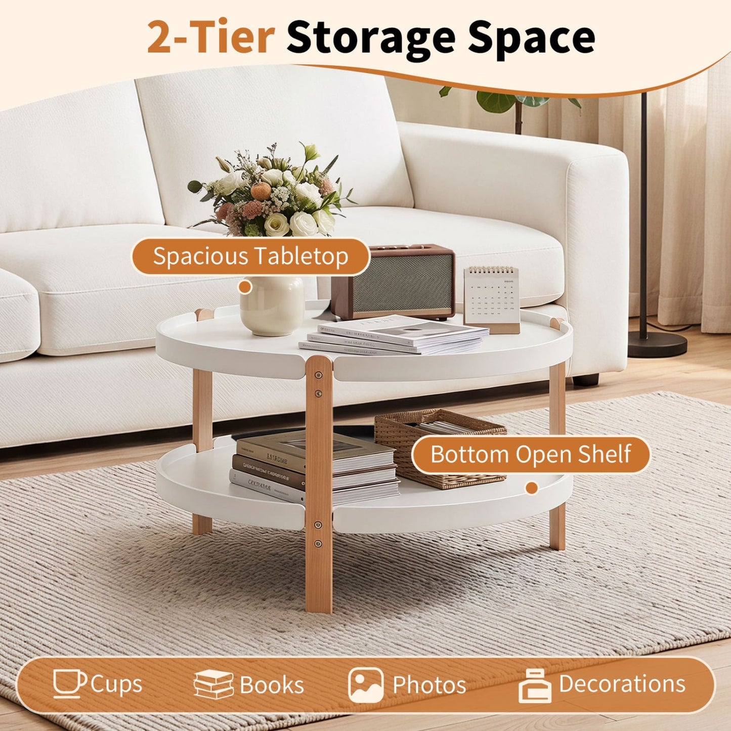 2-Tier Round Coffee Table, Solid Wood Legs, Open Shelf, White