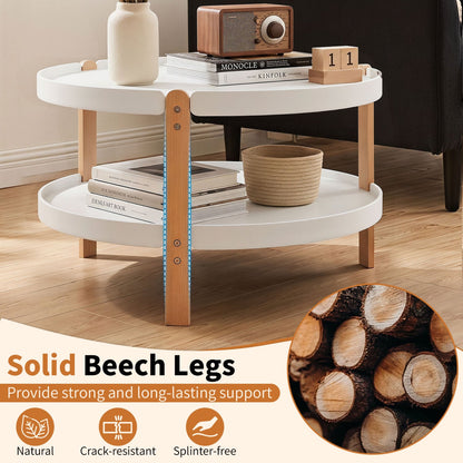 2-Tier Round Coffee Table, Solid Wood Legs, Open Shelf, White