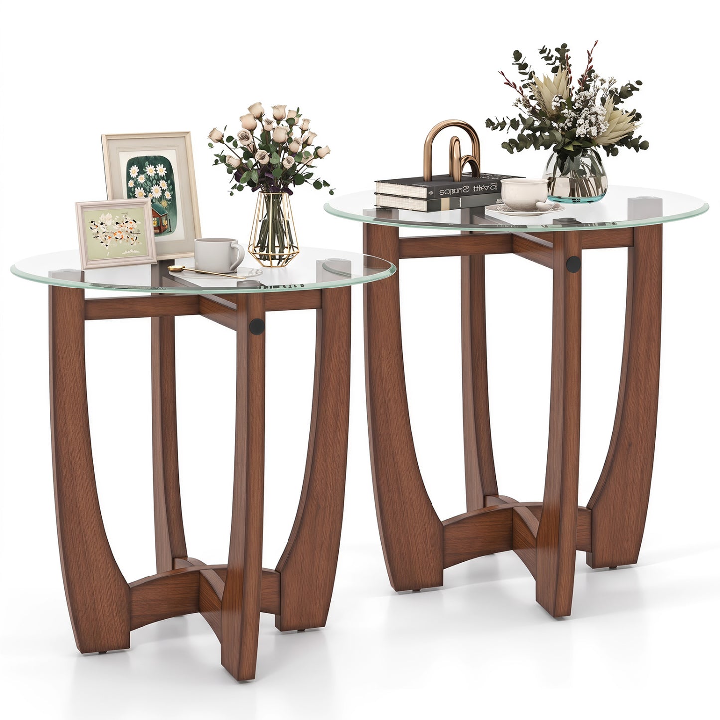 Table d'appoint ronde de 23,5 pouces, lot de 2, noyer