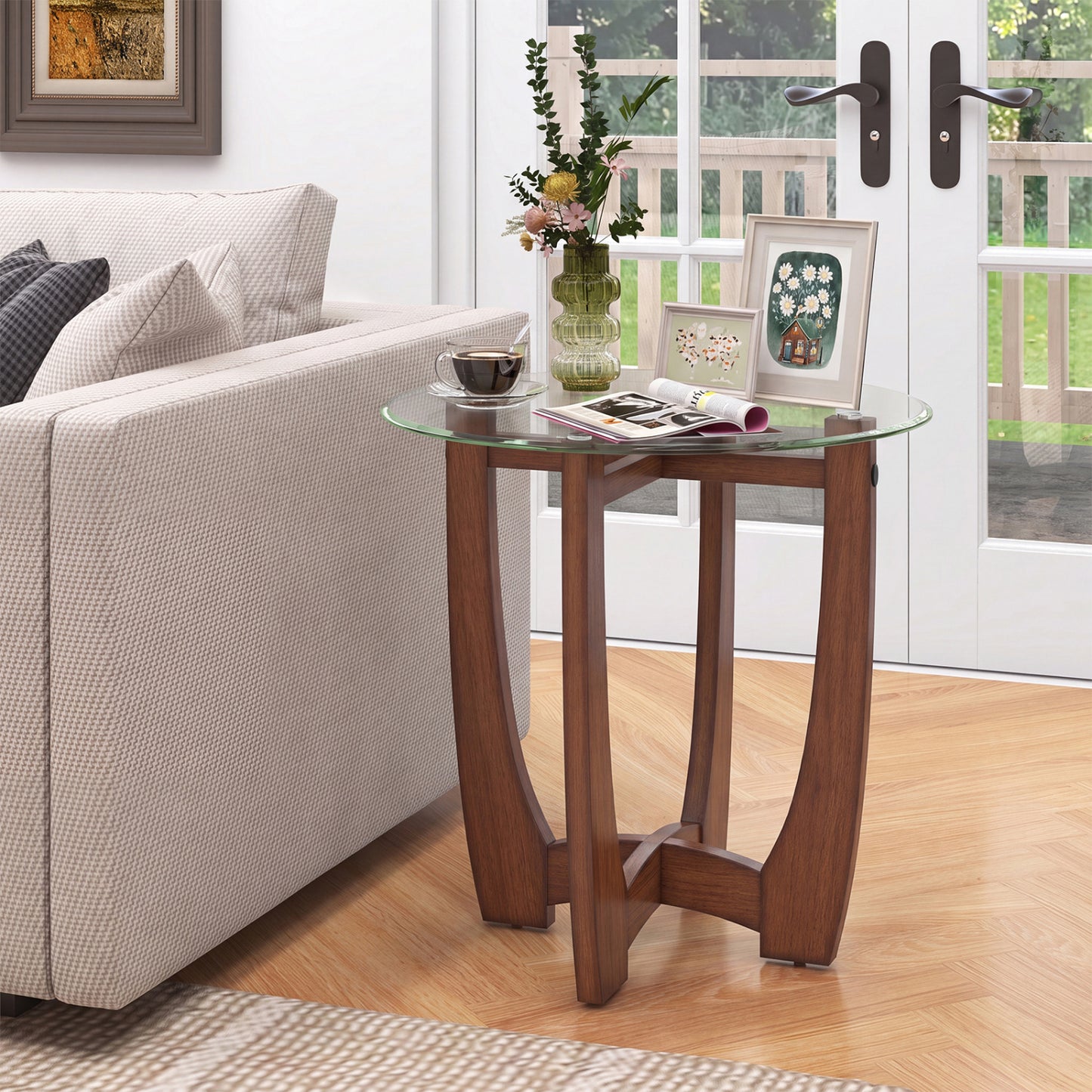 Table d'appoint ronde de 23,5", dessus en verre trempé, noyer