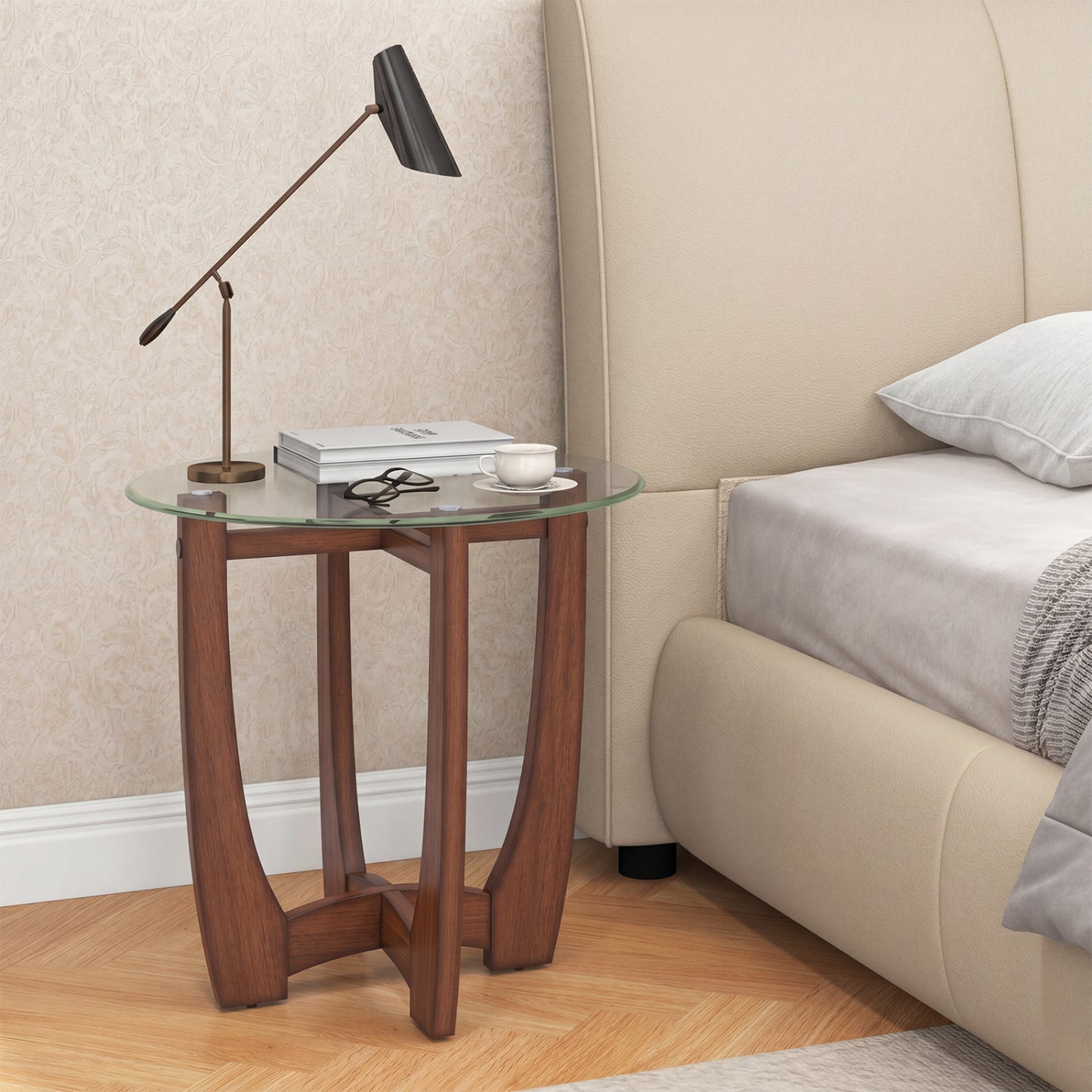 Table d'appoint ronde de 23,5", dessus en verre trempé, noyer