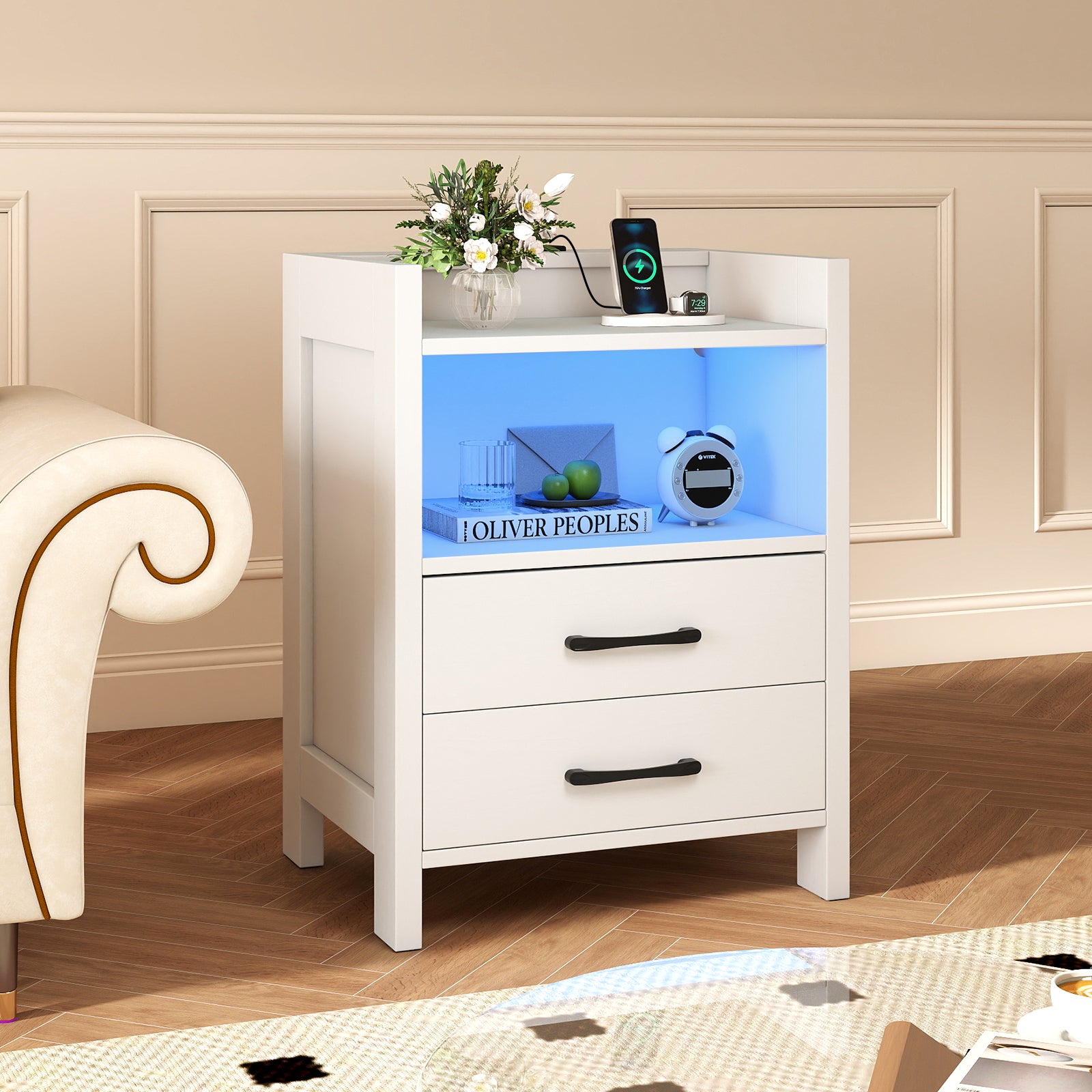 23.5 Inches Nightstand with Charging Station and Open Storage Shelf, White End & Side Tables at Gallery Canada
