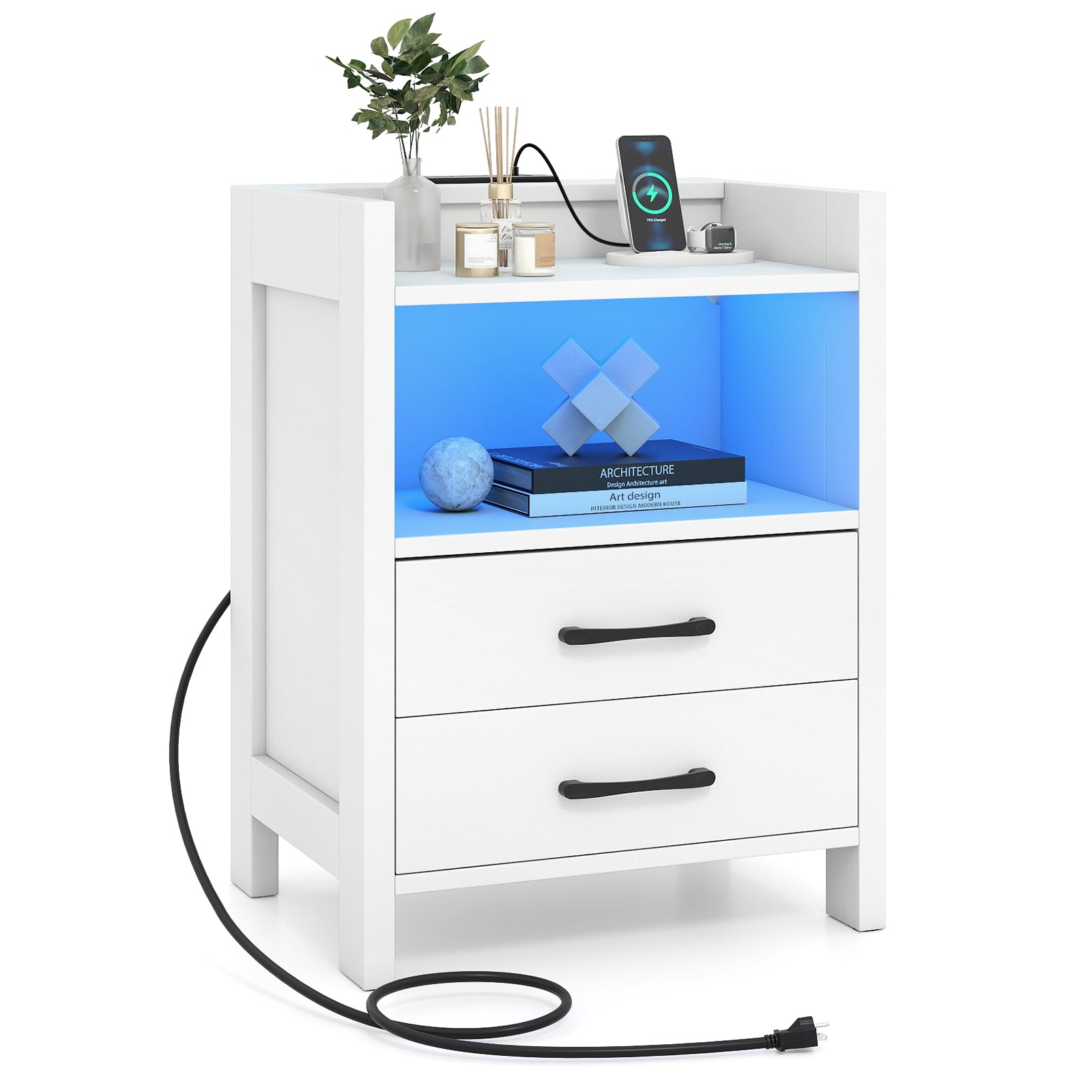 23.5 Inches Nightstand with Charging Station and Open Storage Shelf, White End & Side Tables White at Gallery Canada