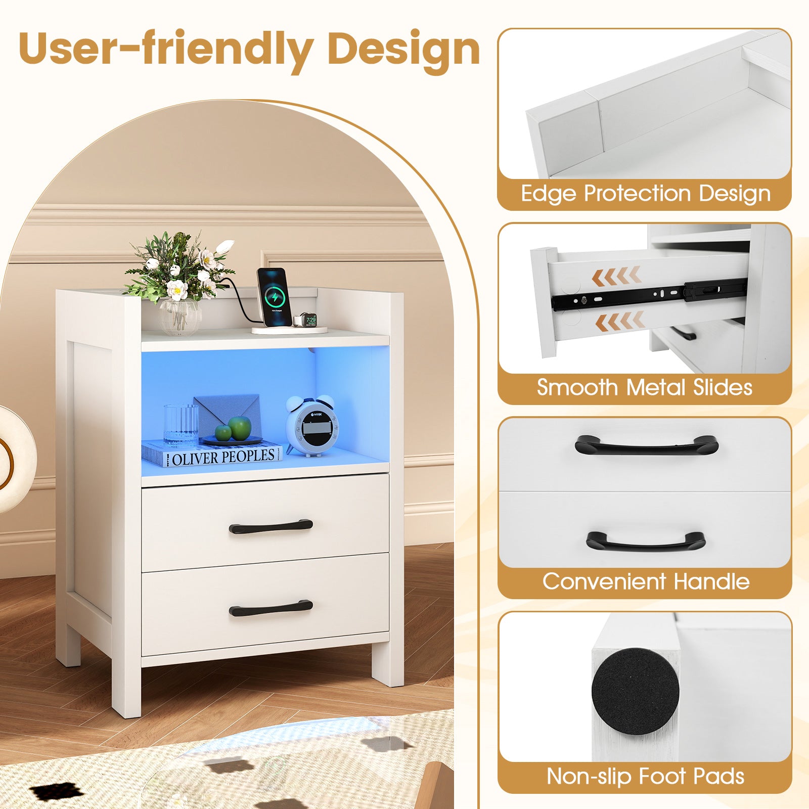 23.5 Inches Nightstand with Charging Station and Open Storage Shelf, White End & Side Tables at Gallery Canada