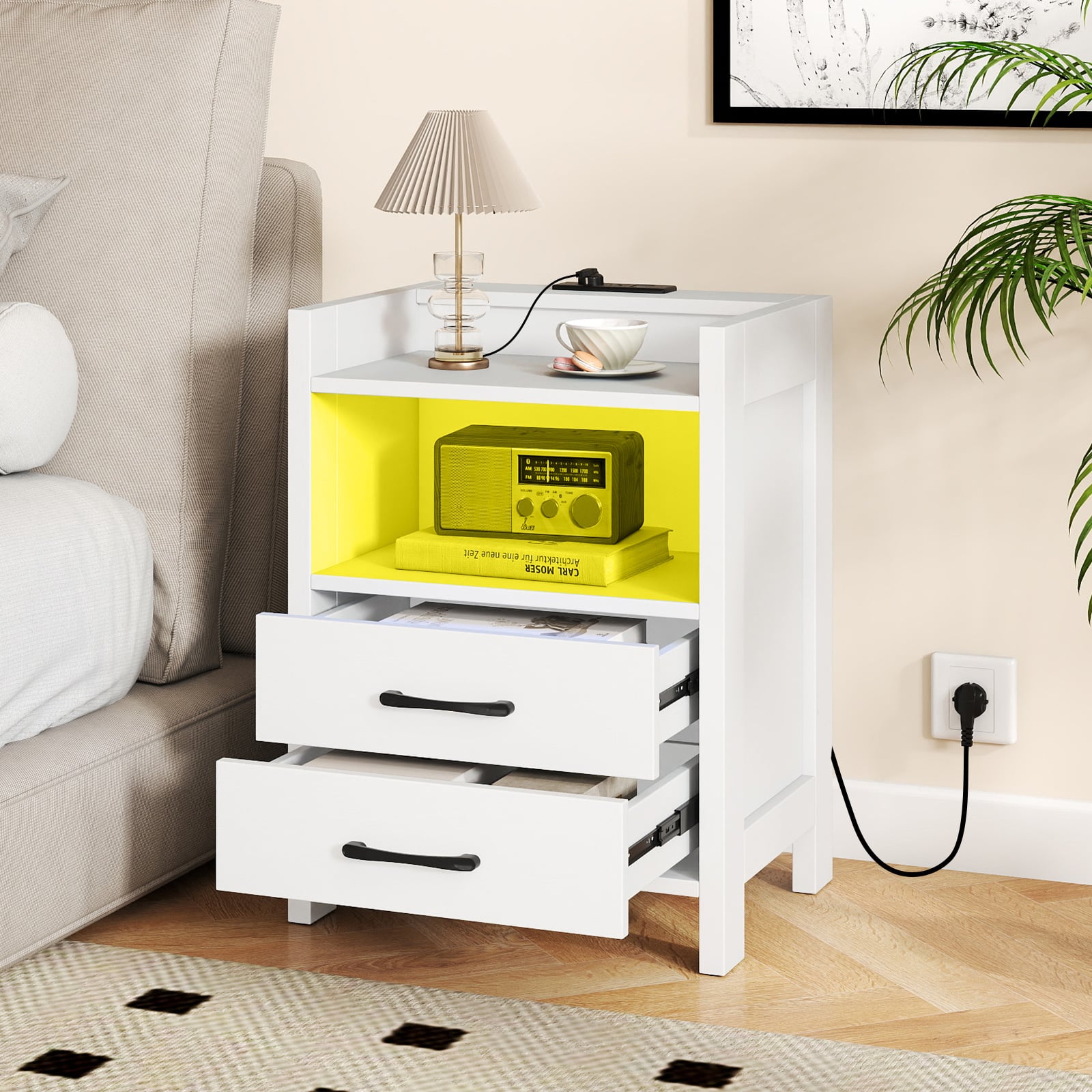 23.5 Inches Nightstand with Charging Station and Open Storage Shelf, White End & Side Tables at Gallery Canada