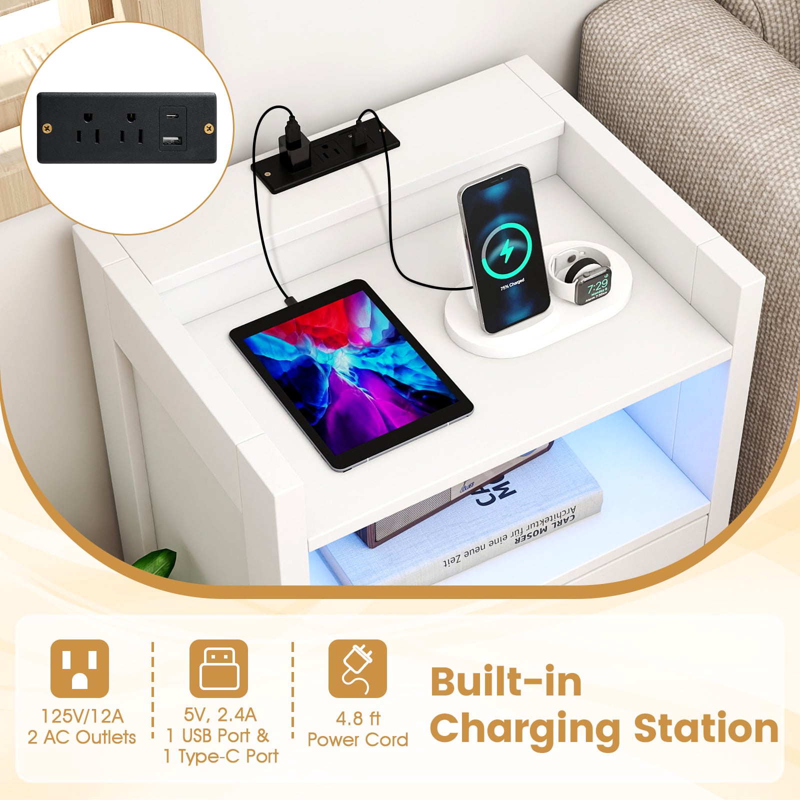 23.5 Inches Nightstand with Charging Station and Open Storage Shelf, White End & Side Tables at Gallery Canada