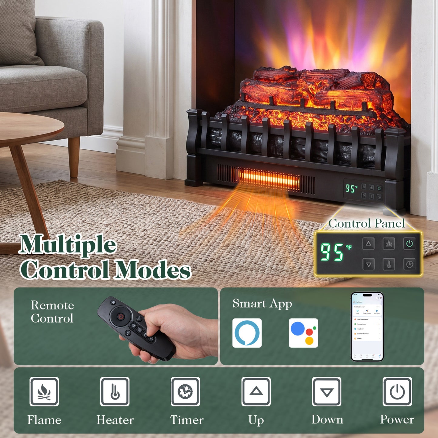 23" WiFi Fireplace Insert, Pinewood, Black