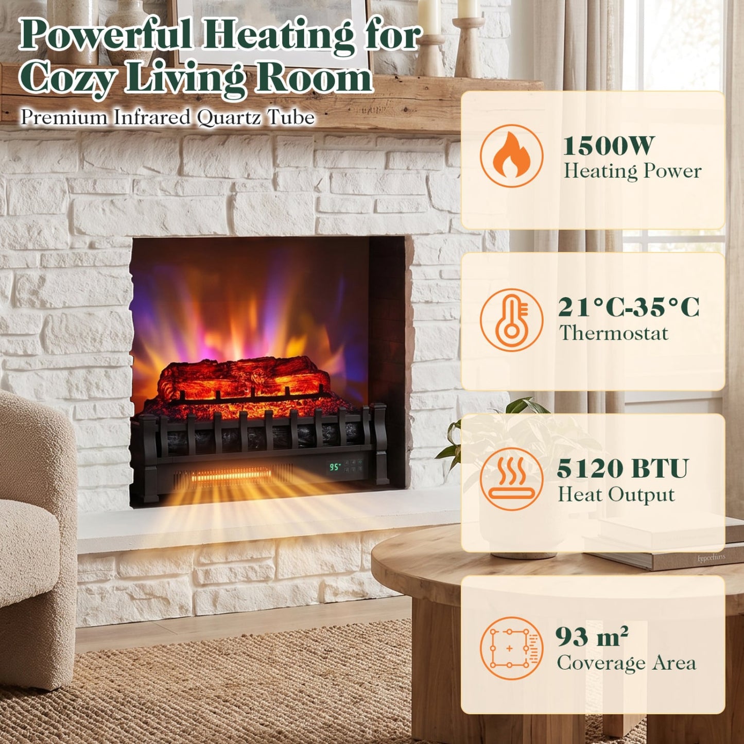 23" WiFi Fireplace Insert, Pinewood, Black