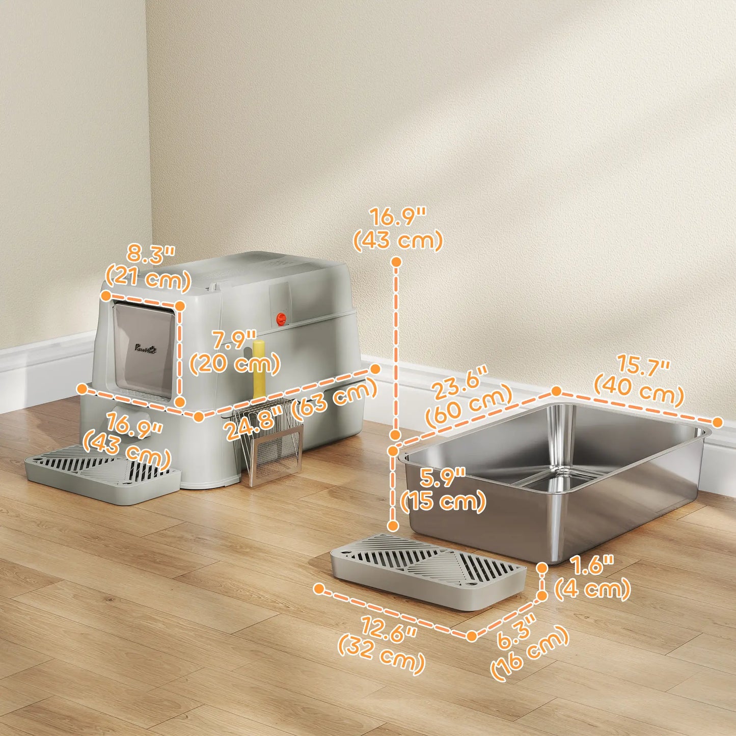 80L XL Stainless Steel Cat Litter Box, Flip Cover, Pull-Out Drawer, High Sided, Pedal, Light Grey Cat Litter Box Enclosures at Gallery Canada