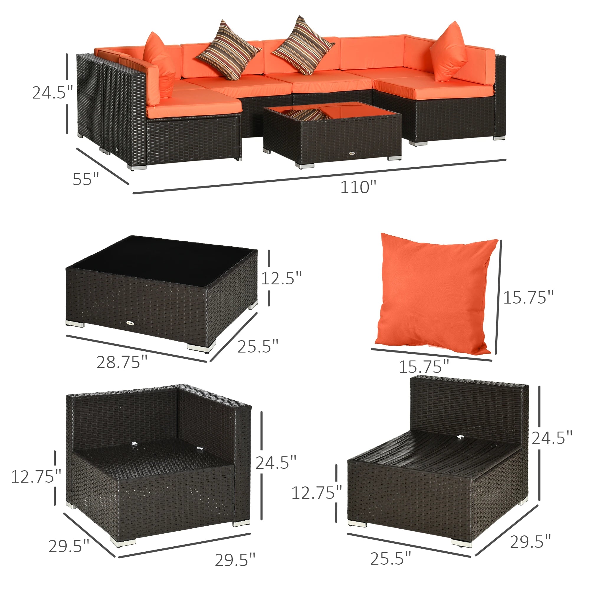 7pcs Garden Wicker Sectional Set, Tea Table, Patio Rattan Sofa, Cushion, Outdoor Deck, Orange Patio Furniture Sets at Gallery Canada