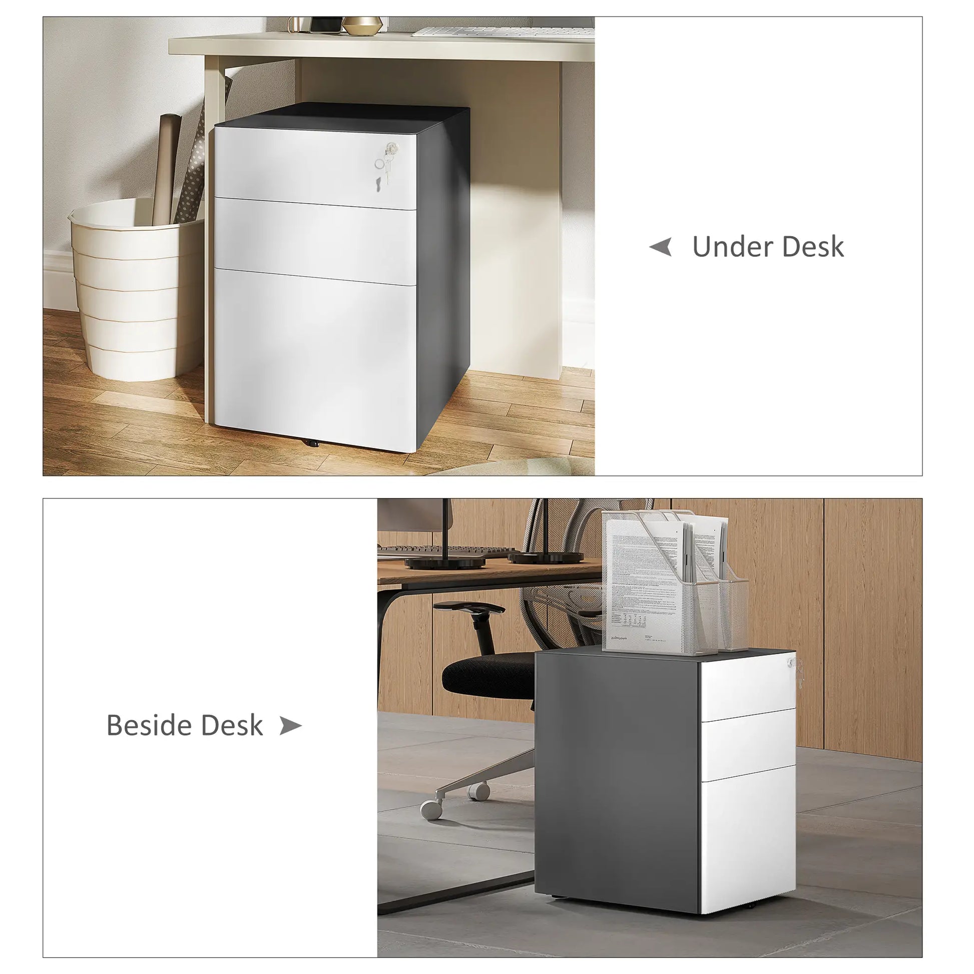 3 Drawer Filing Cabinet, Home Office Storage with Wheels, Lock, Grey and White Office Cabinets & Cupboards at Gallery Canada