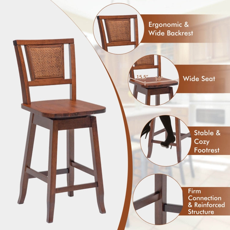 2 Pieces 24.5 Inch Bar Stools with Rattan Back and Swivel Seat, Brown Bar Stools at Gallery Canada