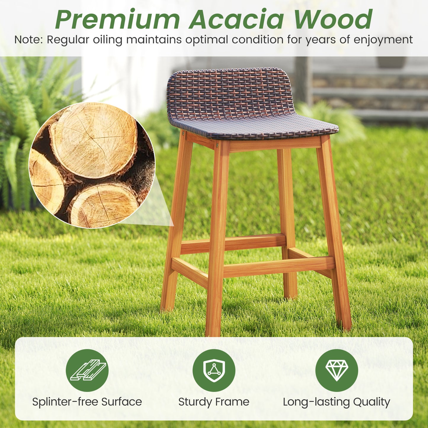 Solid Acacia Wood Bar Stools Set of 2 with Backrests and Footrests for Porch, Brown Patio Bar Furniture at Gallery Canada