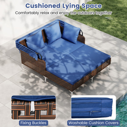 Outdoor Daybed with Retractable Canopy PE Wicker Rattan Patio Lounger, Navy Outdoor Chaise Lounges at Gallery Canada