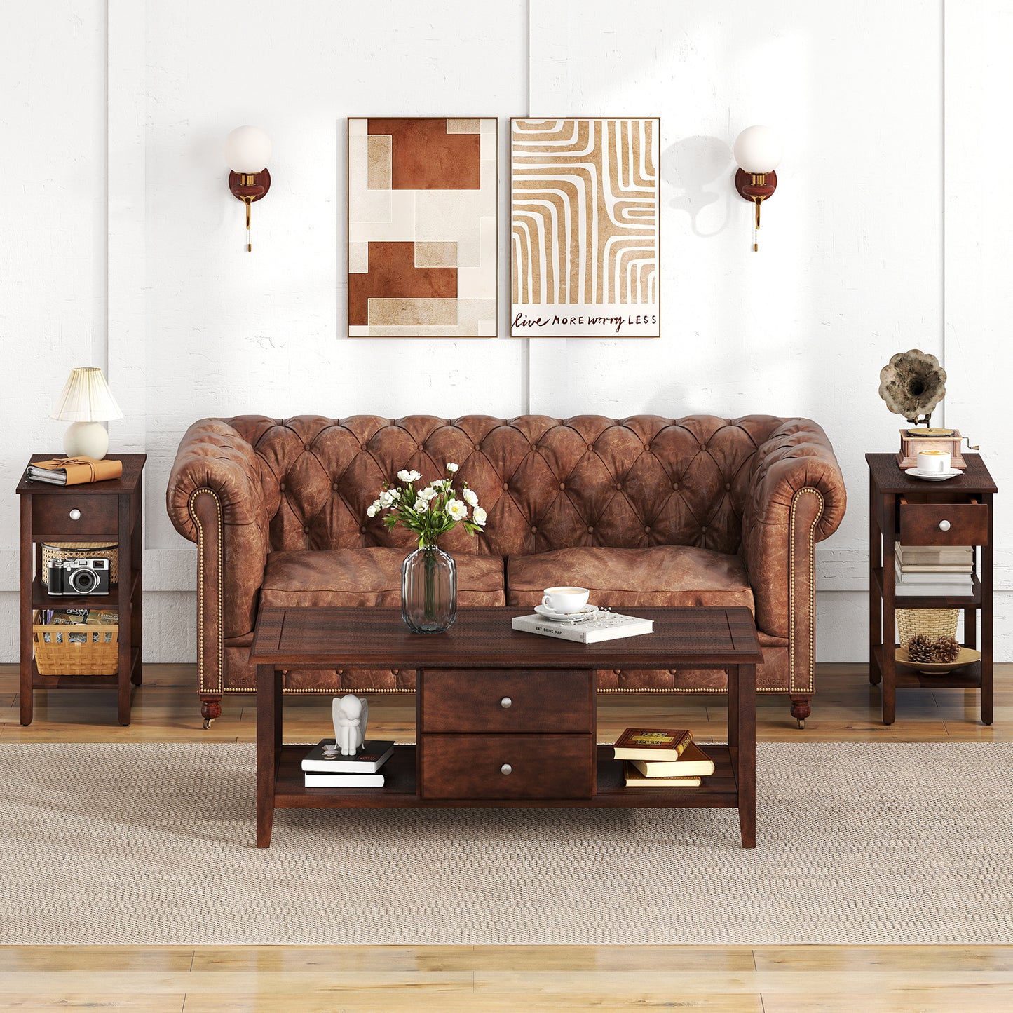 3-Tier Narrow End Table with Drawer and Storage Shelves, Walnut Living Room at Gallery Canada