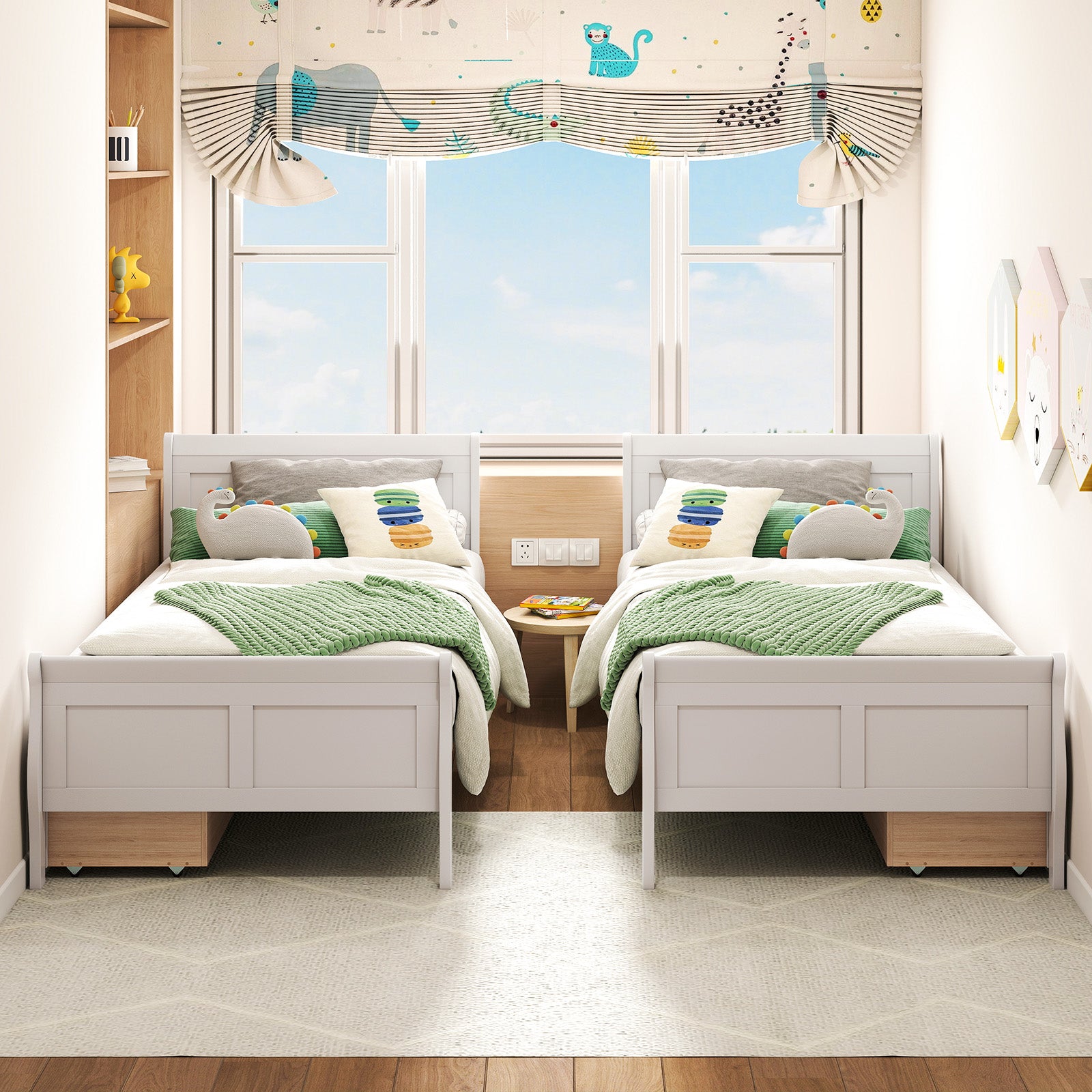 Twin Size Sleigh Bed with 2 Storage Drawers Wood Platform Bed Frame, White Simple Bed Frame at Gallery Canada