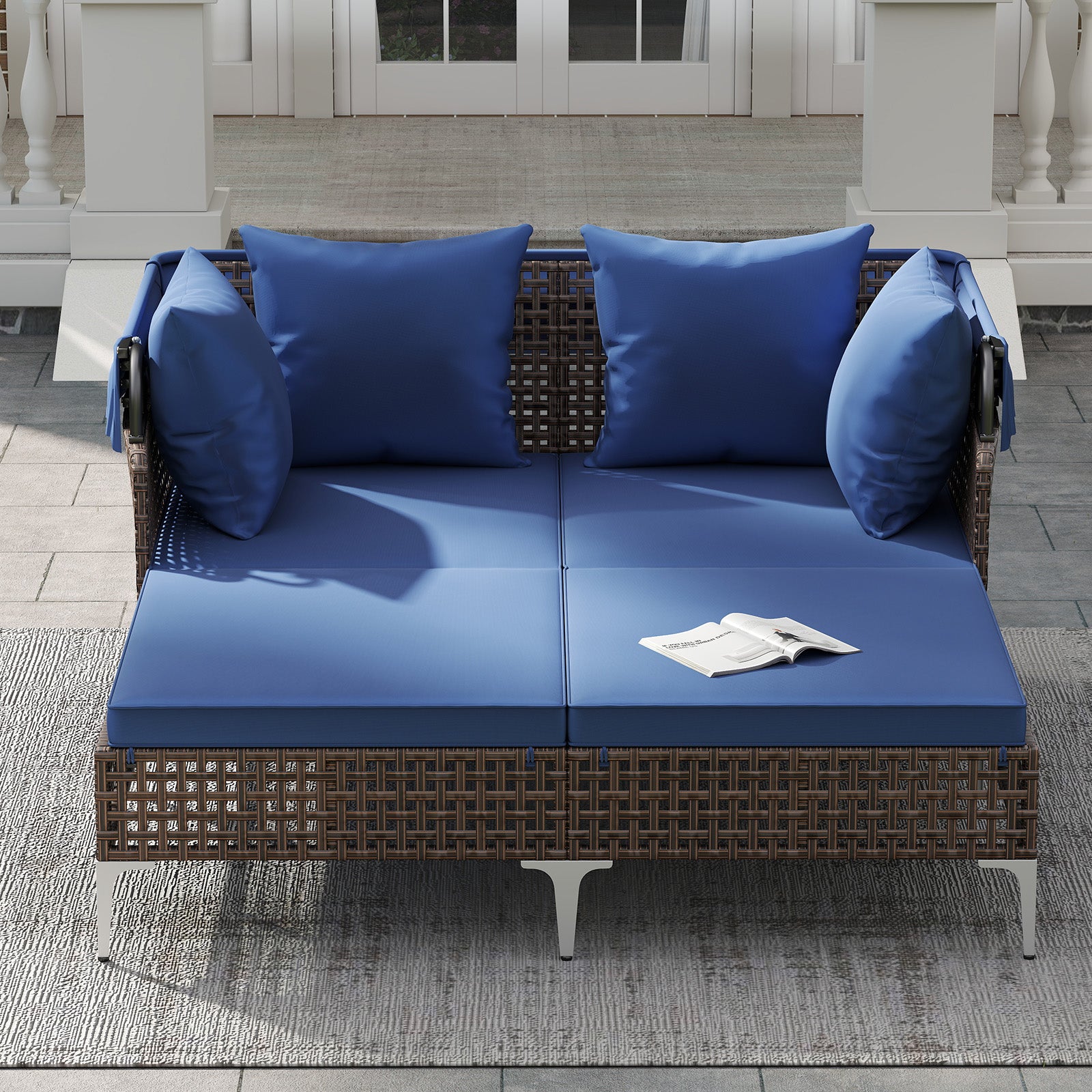 Outdoor Daybed with Retractable Canopy PE Wicker Rattan Patio Lounger, Navy Outdoor Chaise Lounges at Gallery Canada
