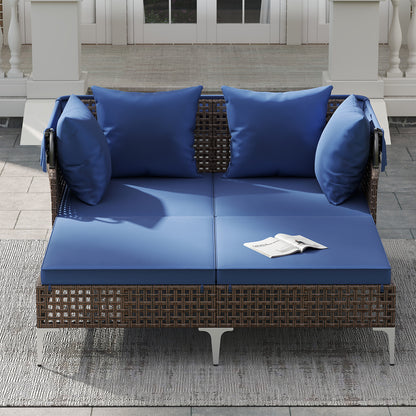 Outdoor Daybed with Retractable Canopy PE Wicker Rattan Patio Lounger, Navy Outdoor Chaise Lounges at Gallery Canada