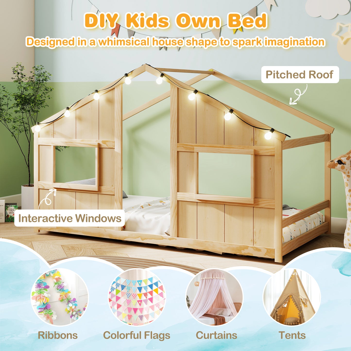 Twin Size House Bed with LED Lights Montessori Slat-free Floor Bed, Natural Toddler Beds at Gallery Canada