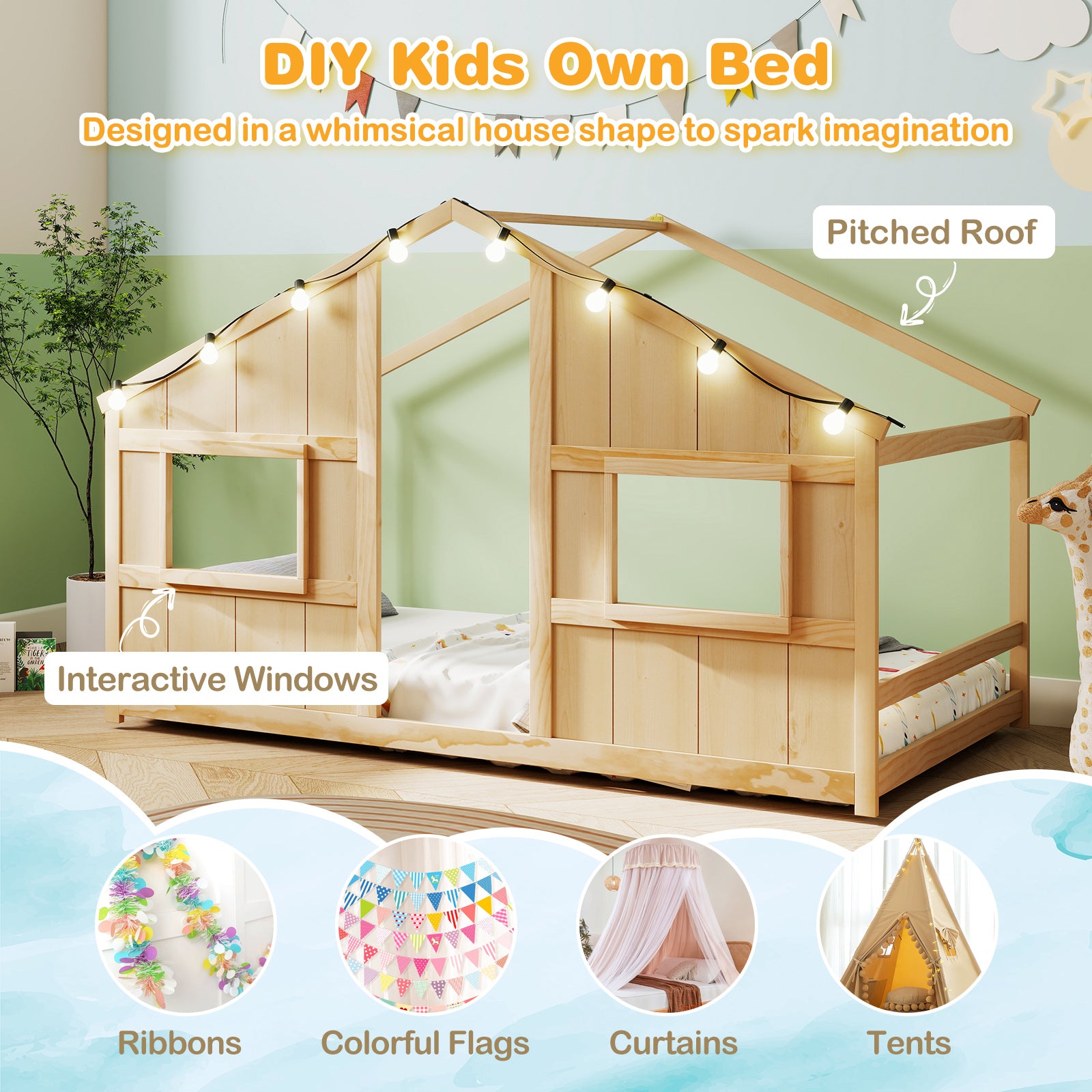 Twin Size House Bed with LED Lights Montessori Slat-free Floor Bed, Natural Toddler Beds at Gallery Canada