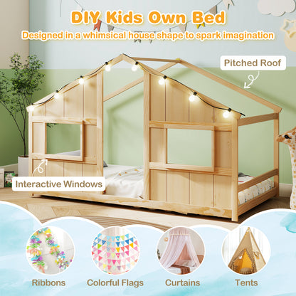 Twin Size House Bed with LED Lights Montessori Slat-free Floor Bed, Natural Toddler Beds at Gallery Canada