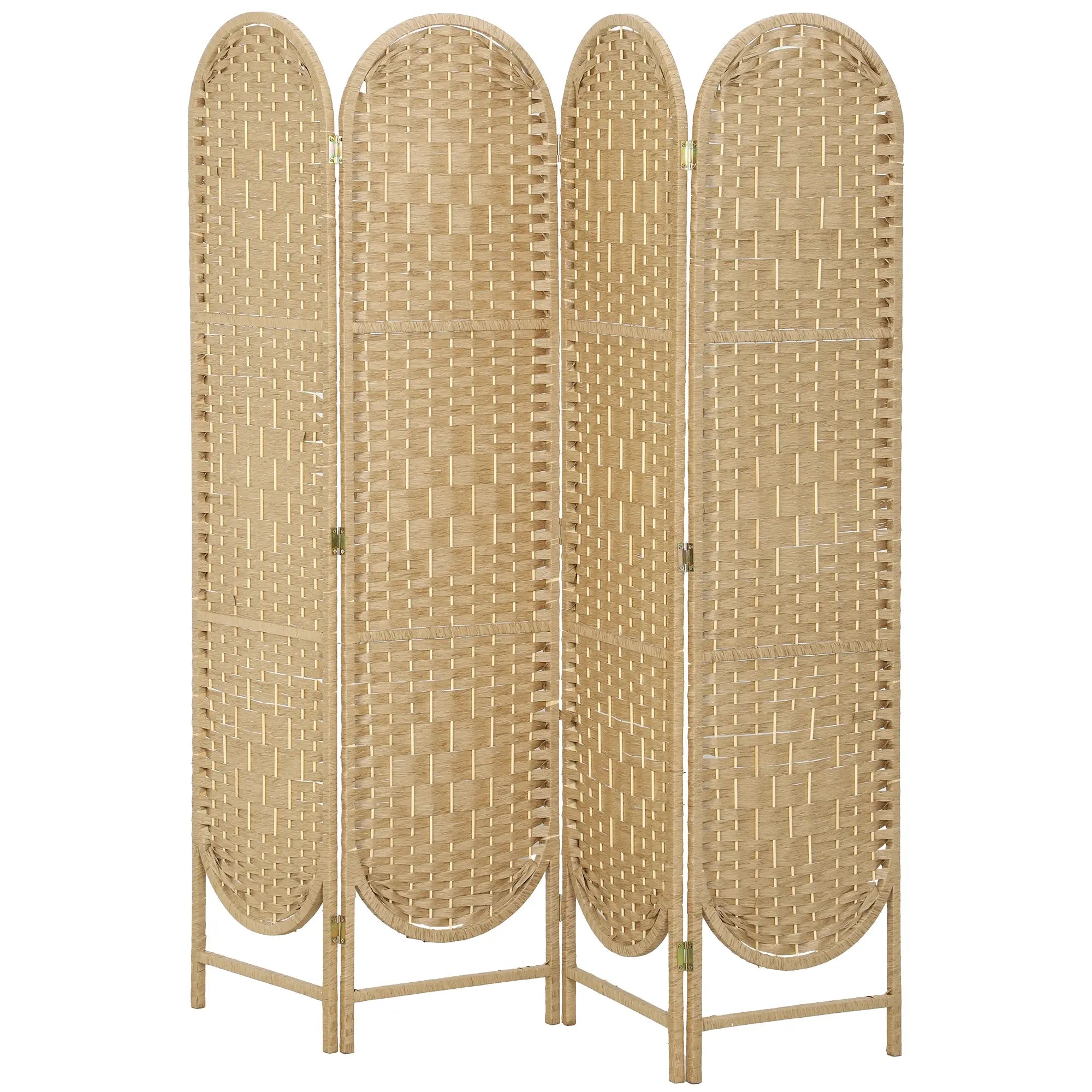 Bohemian Privacy Screen, 4 Panel Folding Room Divider, Arched Top, Natural Wood