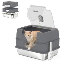 Stainless Steel Cat Litter Box with Lid, High Sided, Scoop