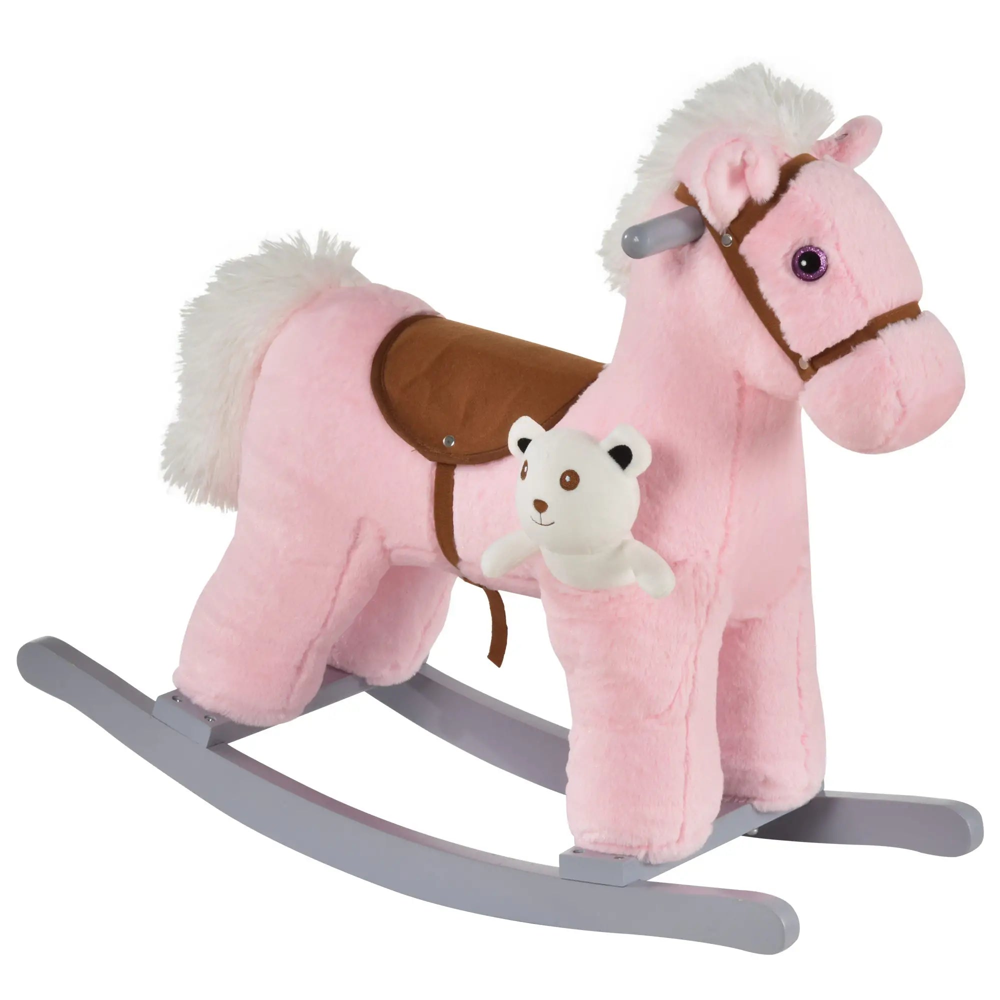 Kids Plush Ride-On Rocking Horse, Soft Bear Toy, Realistic Sounds, Pink Rocking Horses Pink at Gallery Canada
