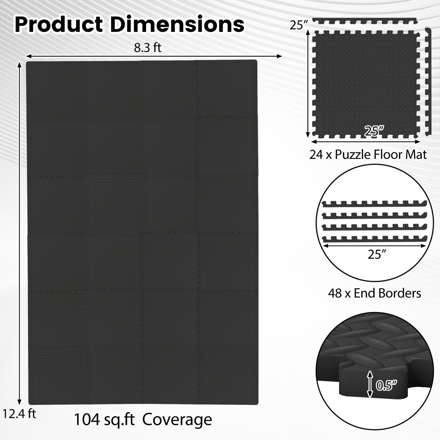 24 Tiles 1/2" Puzzle Exercise Mats, Black