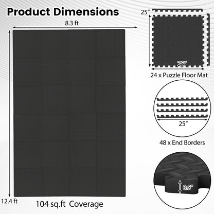 24 Tiles 1/2" Puzzle Exercise Mats, Black