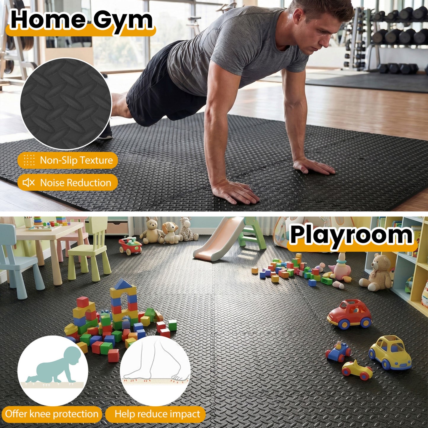 24 Tiles 1/2" Puzzle Exercise Mats, Black