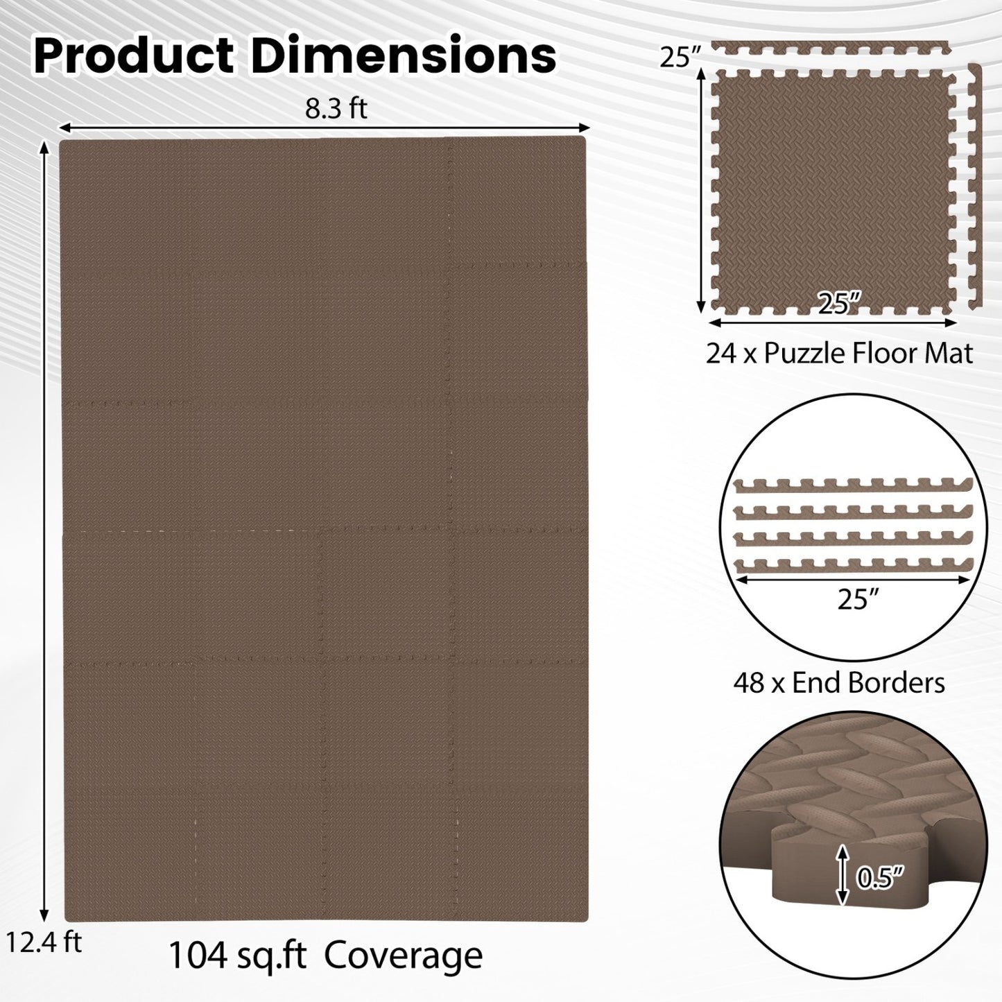 24 Tiles 1/2" Puzzle Exercise Mats, Brown