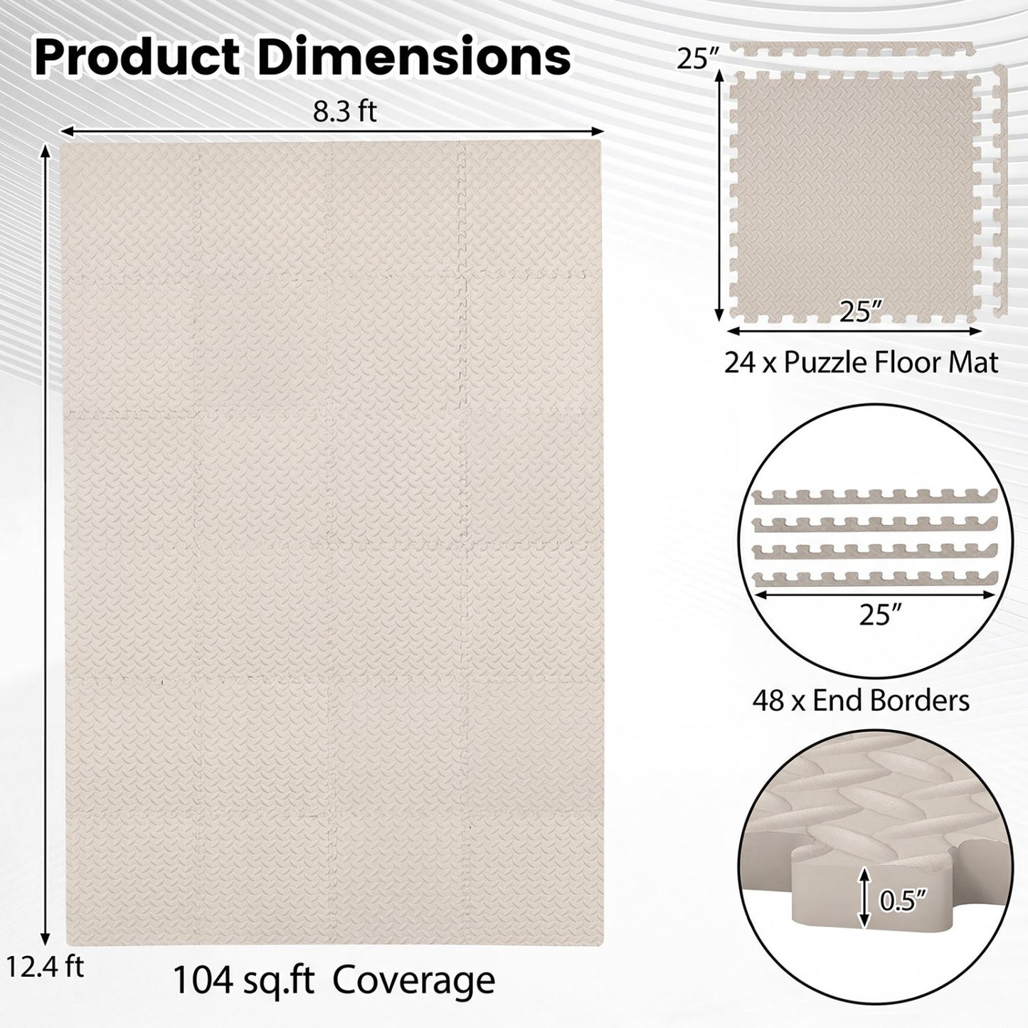 24 Tiles 1/2" Puzzle Exercise Mats, Beige