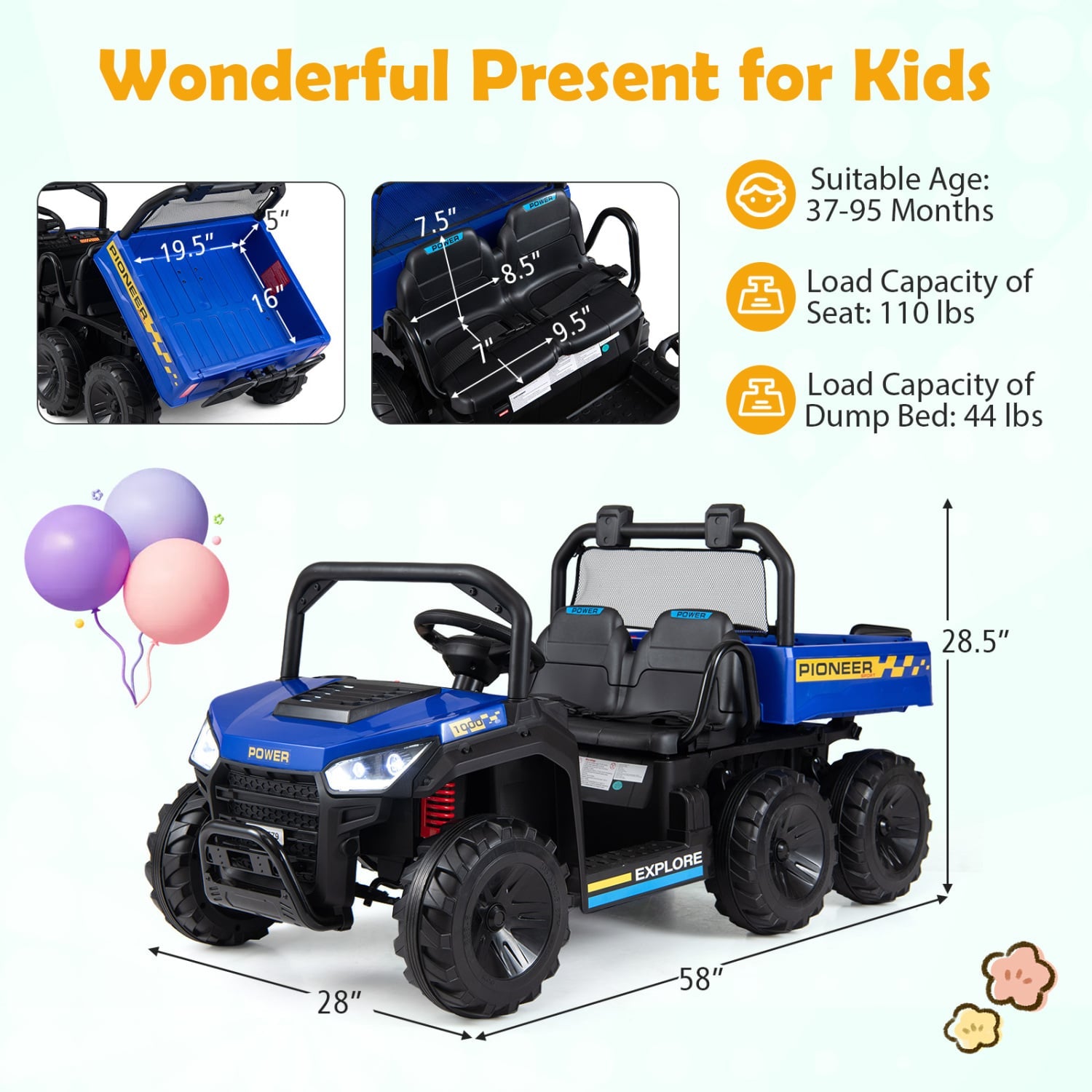 24V 2-Seater Kids Ride On Dump Truck, 4WD, Electric Dump Bed, Lights, Navy Powered Ride On Toys at Gallery Canada