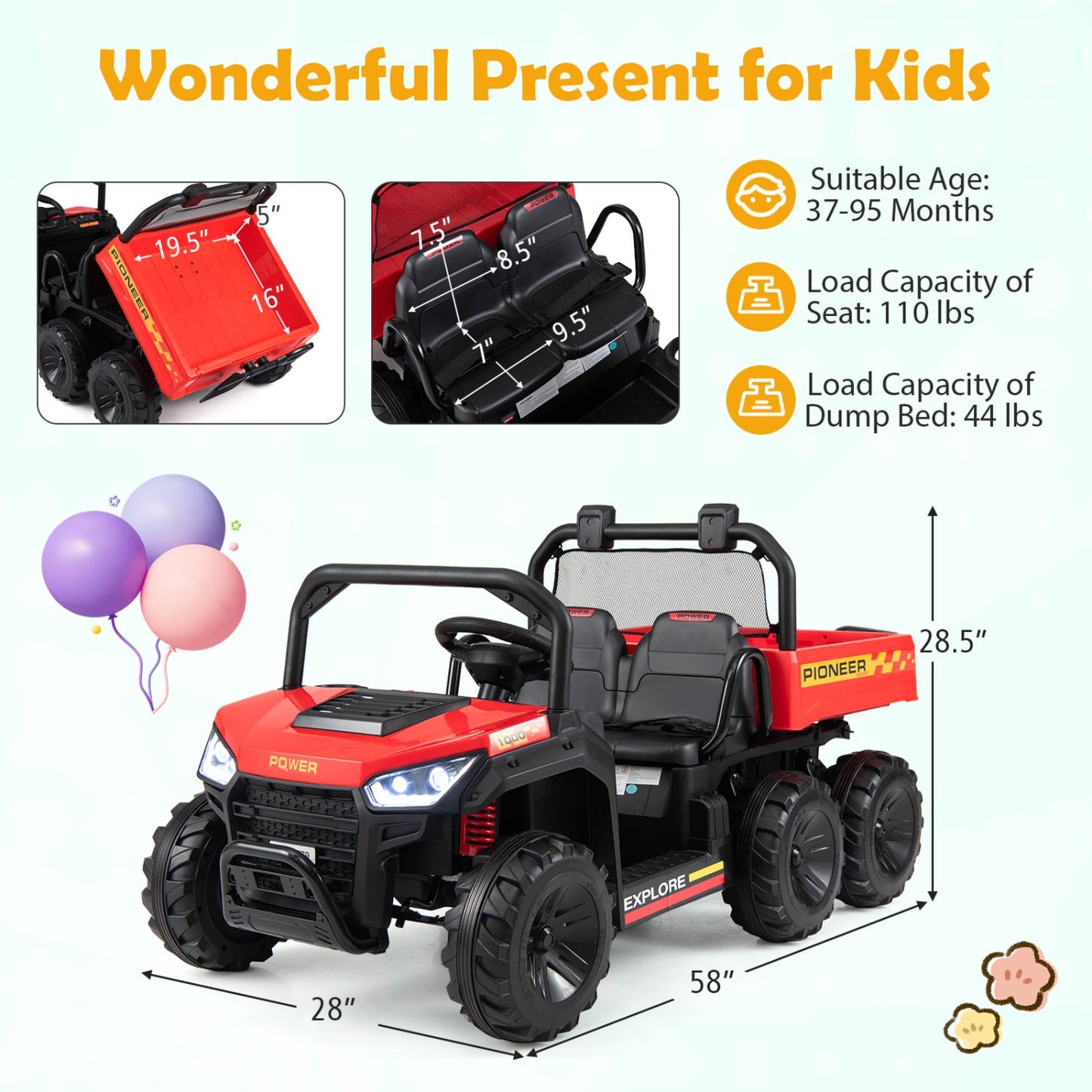 24V 2-Seater Kids Ride On Dump Truck, 4WD, Electric Dump Bed, Lights, Red Powered Ride On Toys at Gallery Canada