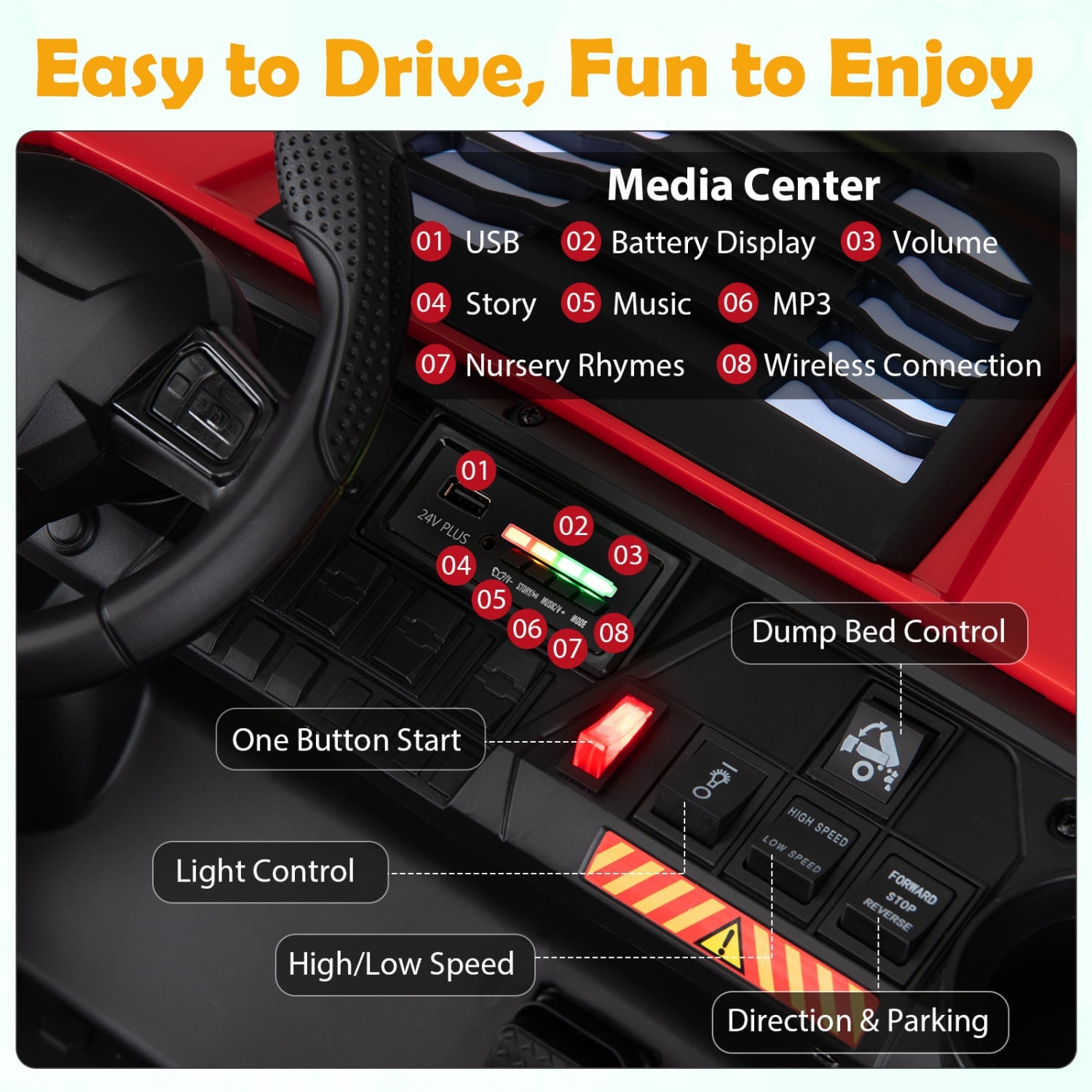 24V 2-Seater Kids Ride On Dump Truck, 4WD, Electric Dump Bed, Lights, Red Powered Ride On Toys at Gallery Canada