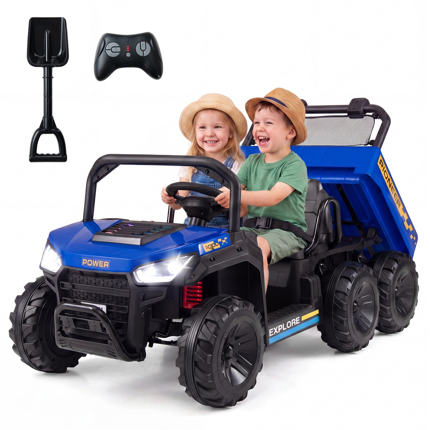 24V 2-Seater Kids Ride On Dump Truck, 4WD, Electric Dump Bed, Lights, Navy Powered Ride On Toys at Gallery Canada