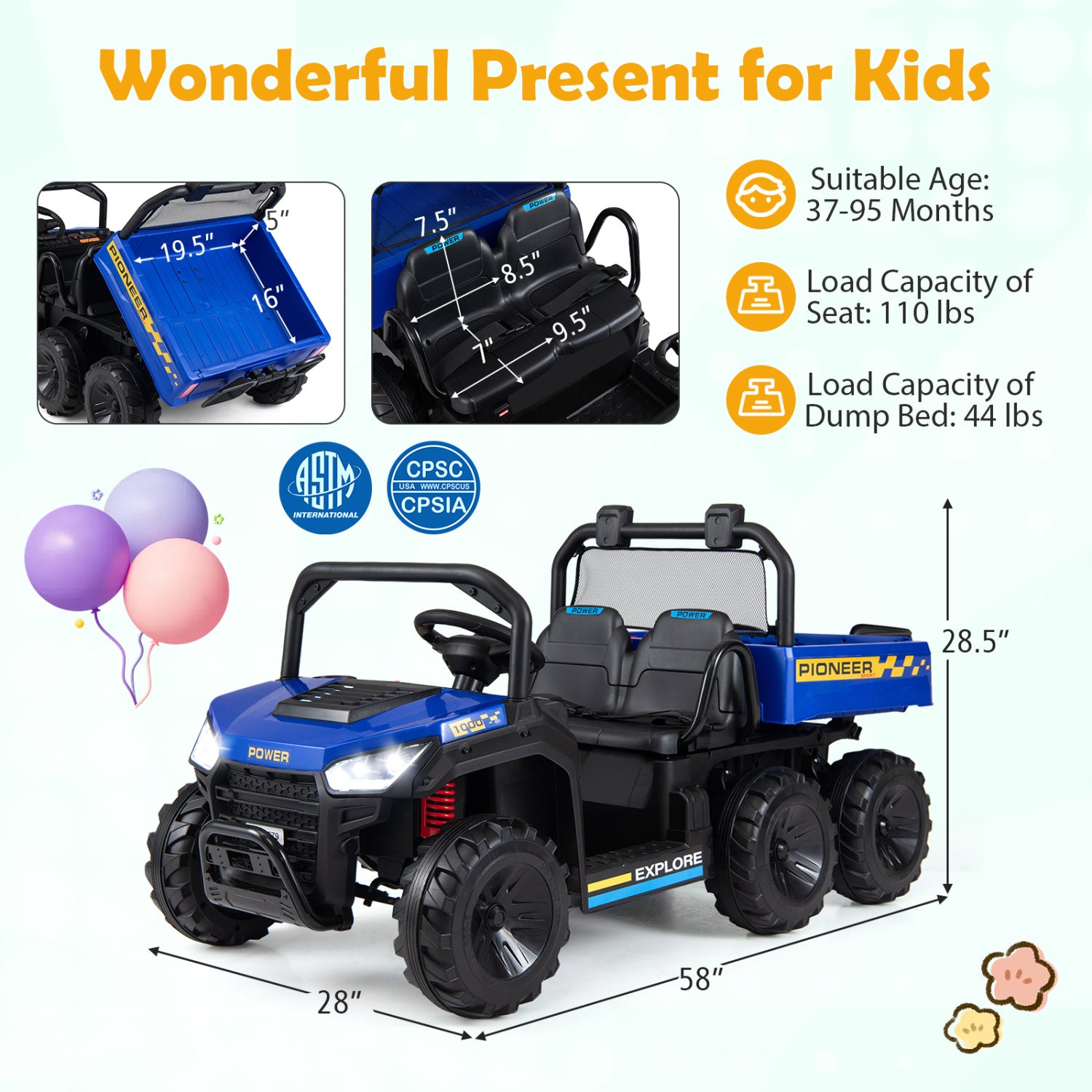 24V 2-Seater Kids Ride On Dump Truck, 4WD, Electric Dump Bed, Lights, Navy Powered Ride On Toys at Gallery Canada