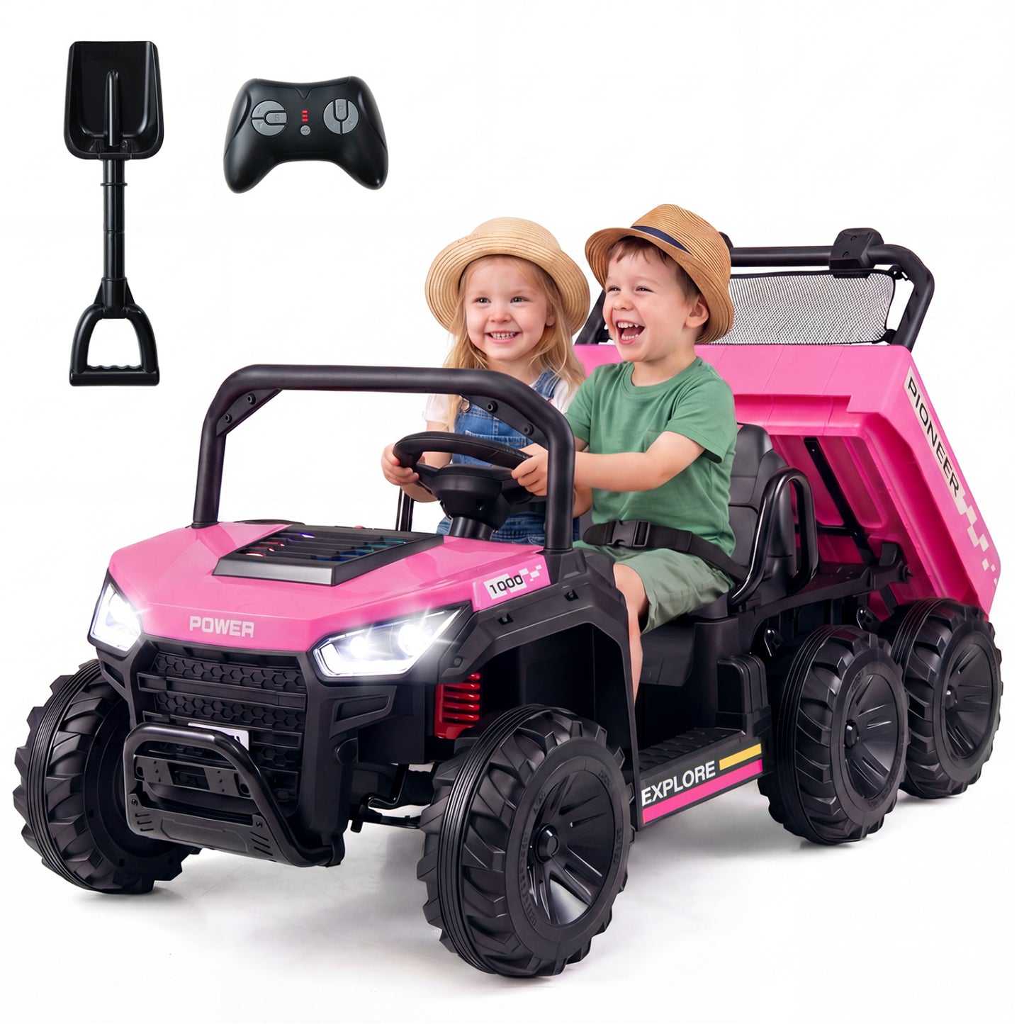 24V 2-Seater Kids Ride On Dump Truck, 4WD, Electric Dump Bed, Lights, Pink Powered Ride On Toys Pink at Gallery Canada
