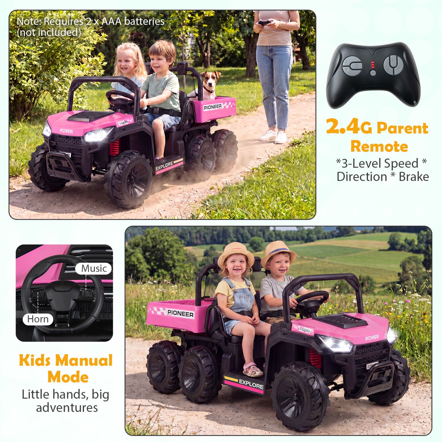 24V 2-Seater Kids Ride On Dump Truck, 4WD, Electric Dump Bed, Lights, Pink Powered Ride On Toys at Gallery Canada