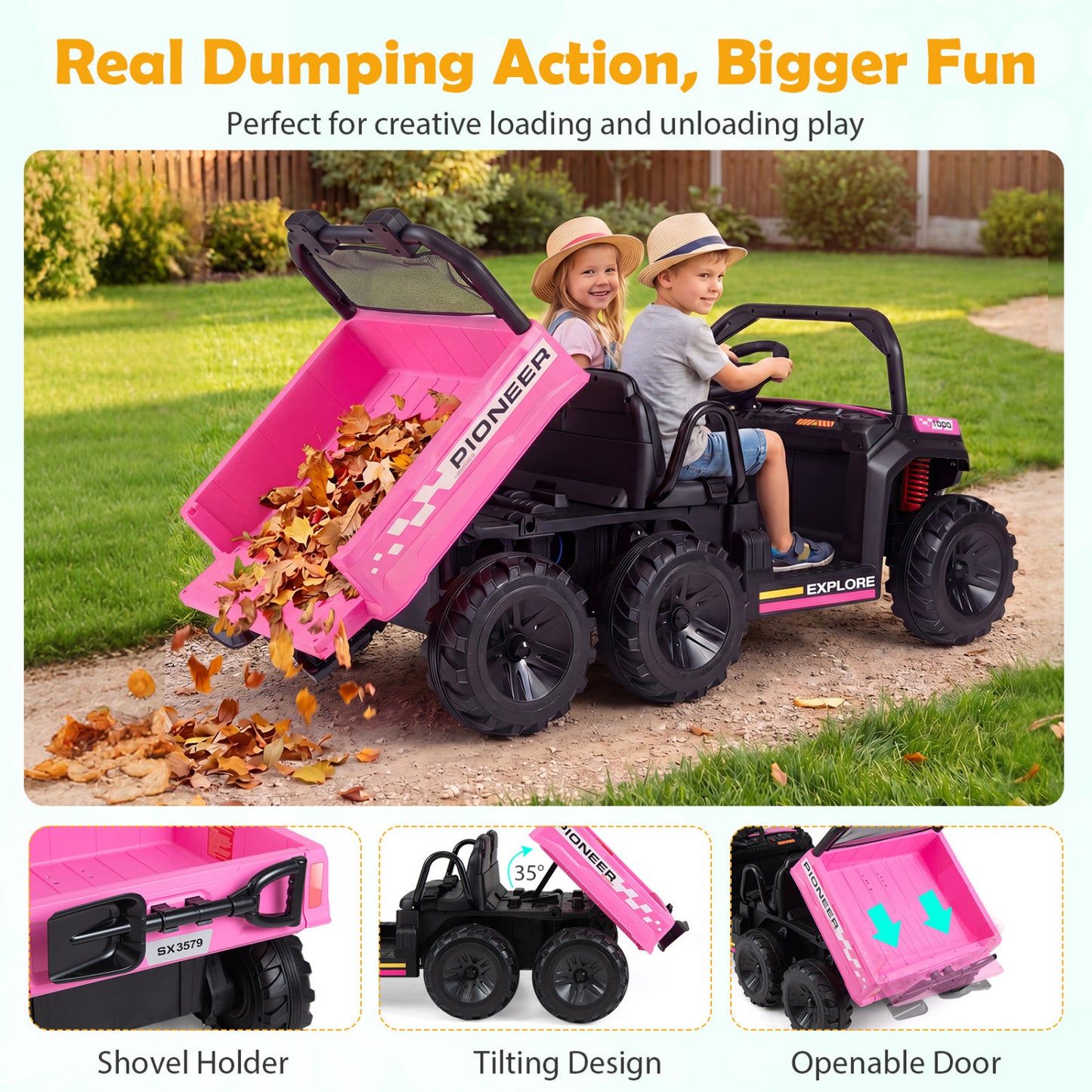 24V 2-Seater Kids Ride On Dump Truck, 4WD, Electric Dump Bed, Lights, Pink Powered Ride On Toys at Gallery Canada