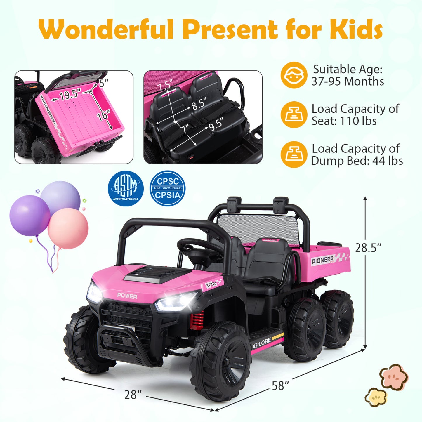 24V 2-Seater Kids Ride On Dump Truck, 4WD, Electric Dump Bed, Lights, Pink Powered Ride On Toys at Gallery Canada