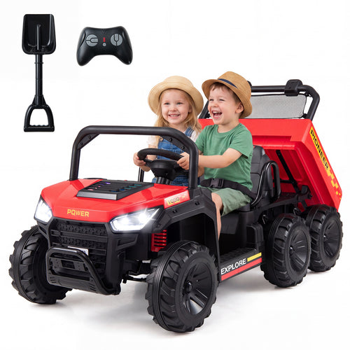 24V 2-Seater Kids Ride On Dump Truck, 4WD, Electric Dump Bed, Lights, Red